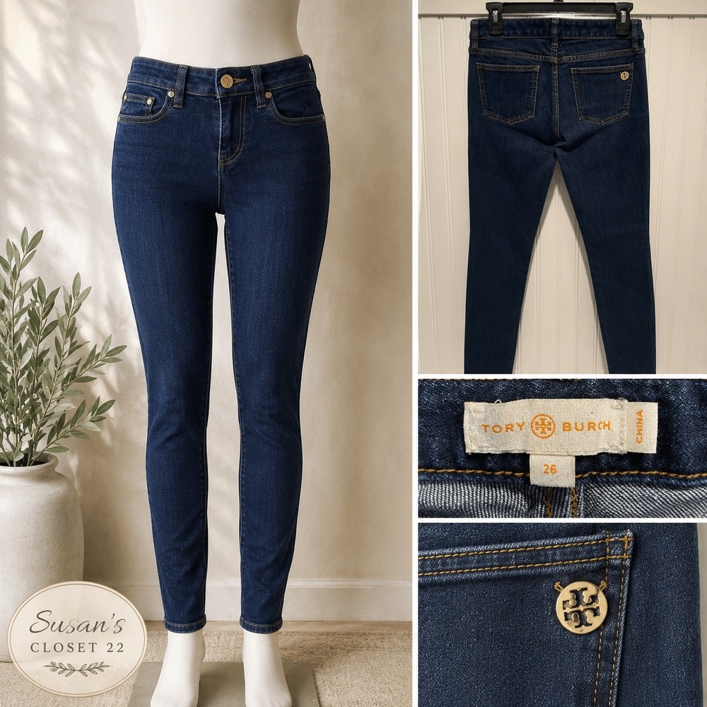 Tory Burch Super Skinny Jean‎ Womens 26 Dark Wash Blue Gold Logo Hardware Denim